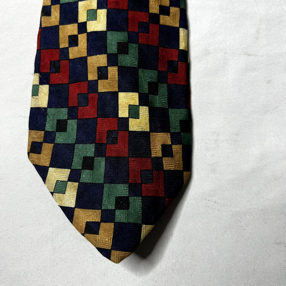 Eddie Bauer Mens‎ Tie Necktie 100% Silk USA Checked Red Blue White Bright Colors - Picture 1 of 5